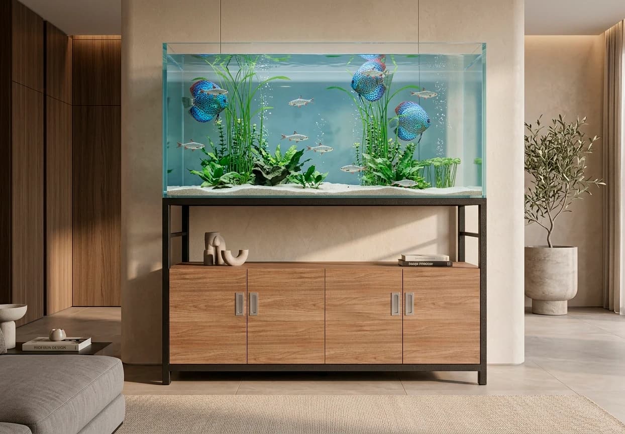 Visualización frontal de mobiliario a medida para acuario integrado en un espacio residencial